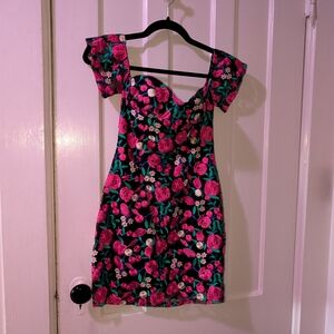Missguided Black Mini Dress with Pink Rose Print